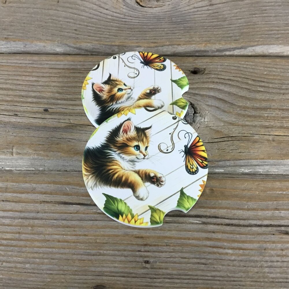 Country Kitten Butterfly Car Coasters